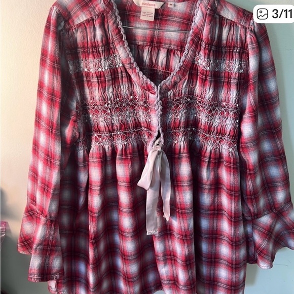 Sundance Fiona Red & White Plaid Flannel Baby Doll Top with Bell Sleeves Size M - Picture 3 of 10